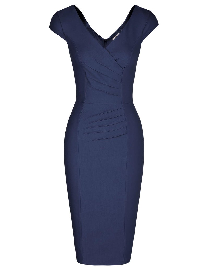 MUXXN Audrey Hepburn 1960s Style Double V-Neck Bodycon Juniors Dress (Blue XL) - Image 3